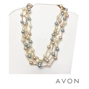 Avon Pearl Cashmere Necklace 16” Multi Strand Champagne Gray Cream Gold 1987 Vtg